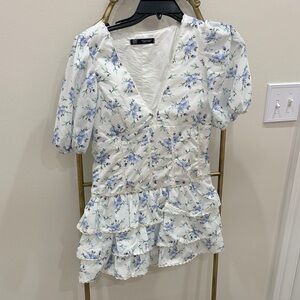 Topshop White and Blue Floral Ruffle Blouse